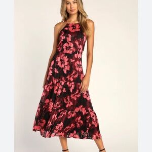 Lulu’s Tropical Triumph Burgundy Floral Print Lurex Midi Dress Size XL